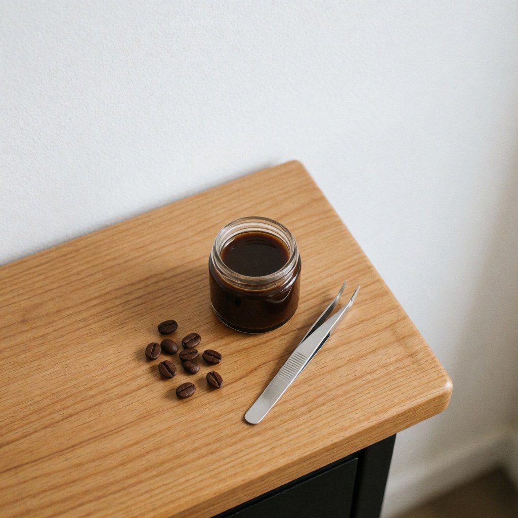 A glass jar containing artisanal hair coffee wax with visible coffee granules, placed on a wooden surface in a clean barbershop setting