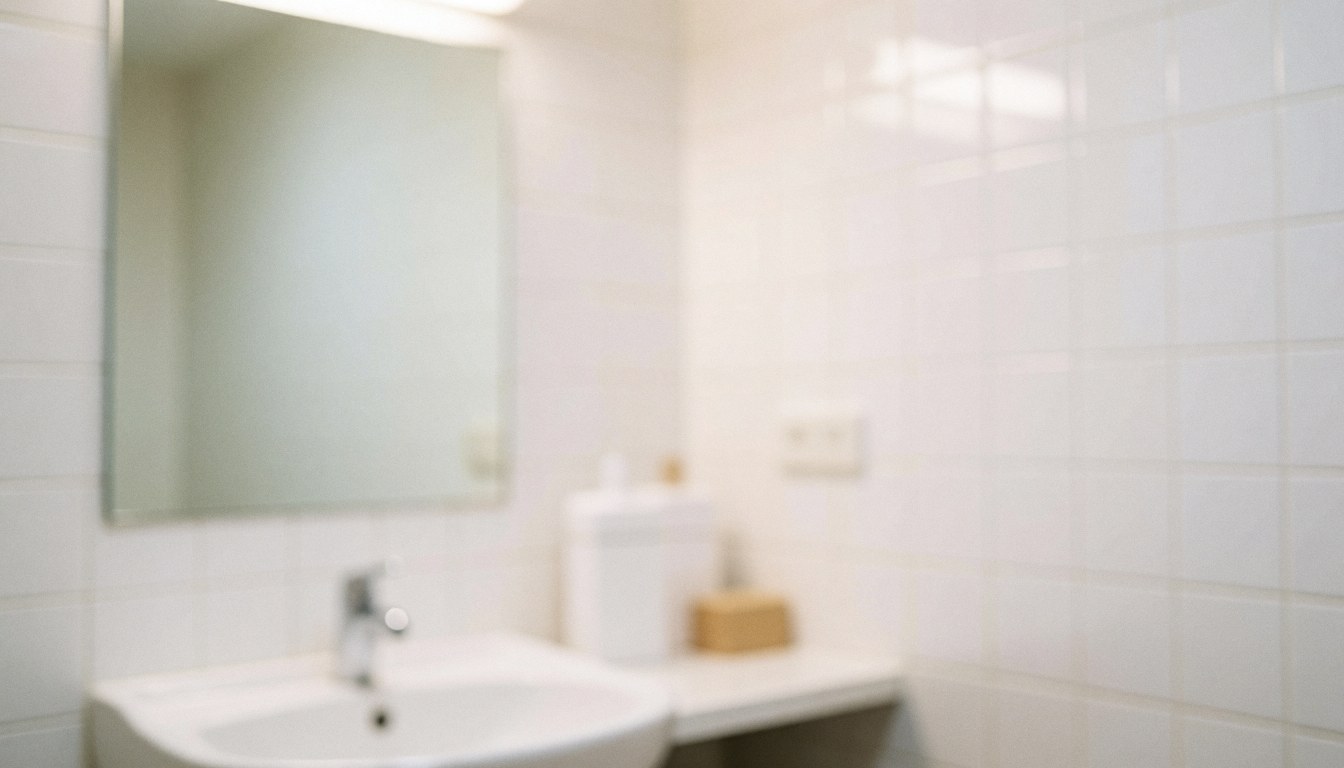 A clean white tiled wall featuring a modern bathroom mirror and sink, providing a serene and professional background suitable for spa and massage business marketing materials.
