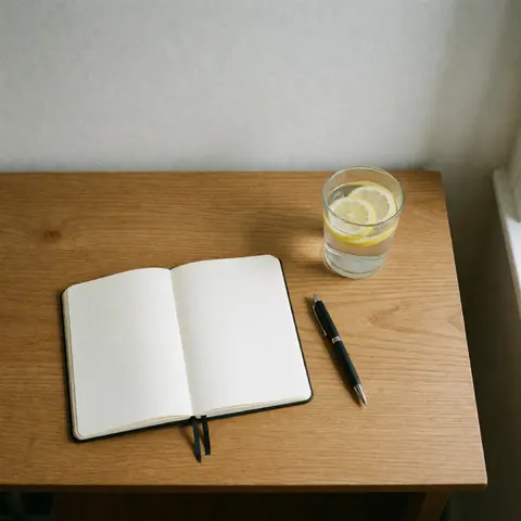 A clean wooden desk featuring an open notebook, black pen, and a glass of water with lemon, promoting nutrition and wellness