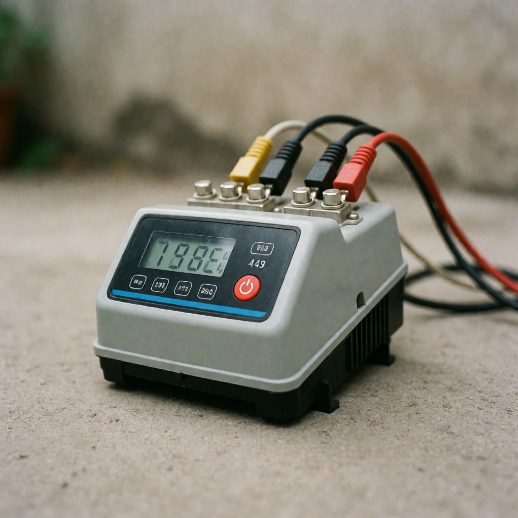 Gray electric fence charger with red power button, digital screen, and connected wires on concrete surface