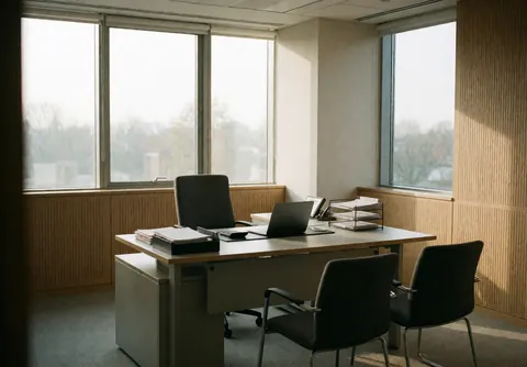 Empty consulting office featuring a desk, chairs, laptop, and organized papers with natural light from windows creating a serene professional atmosphere