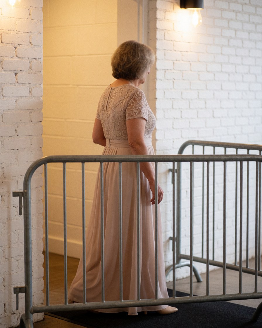 A woman in a formal dress walks through a metal security barrier at the entrance of an indoor event, ensuring safe and orderly access for guests.