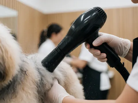 Groomer wearing white gloves drying a dog's wet fur with a black dryer, water droplets in the air, blurred wooden salon background