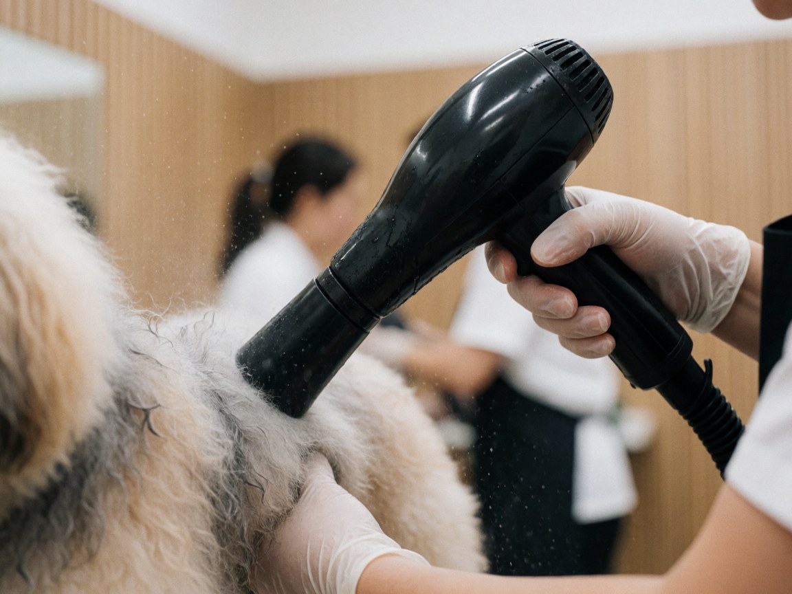 Groomer wearing white gloves drying a dog's wet fur with a black dryer, water droplets in the air, blurred wooden salon background