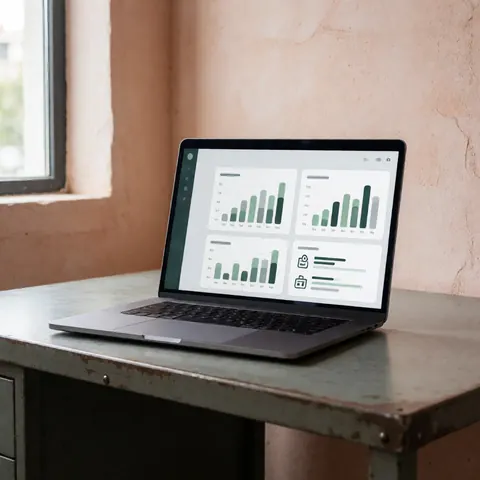 Laptop showing a software dashboard on a metal industrial desk with terracotta walls and natural window light, suitable for small business production management.