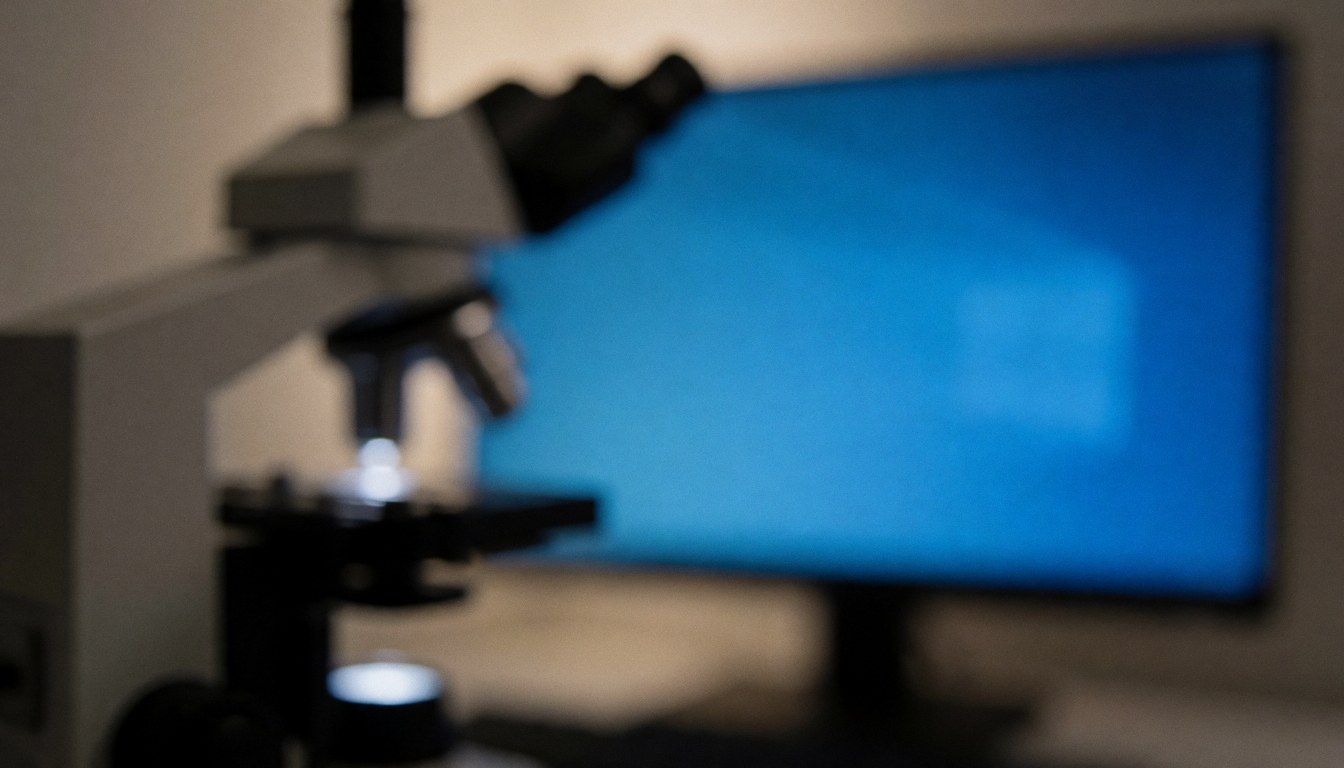 Dark blue background featuring a silhouette of a person working with a microscope and monitor in a professional medical laboratory setting