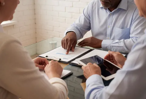 Three professionals review financial documents and a tablet on a glass table in a clean office with white brick walls.