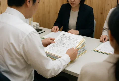 Advisor reviewing documents with clients in a light wood office, conveying professionalism and order