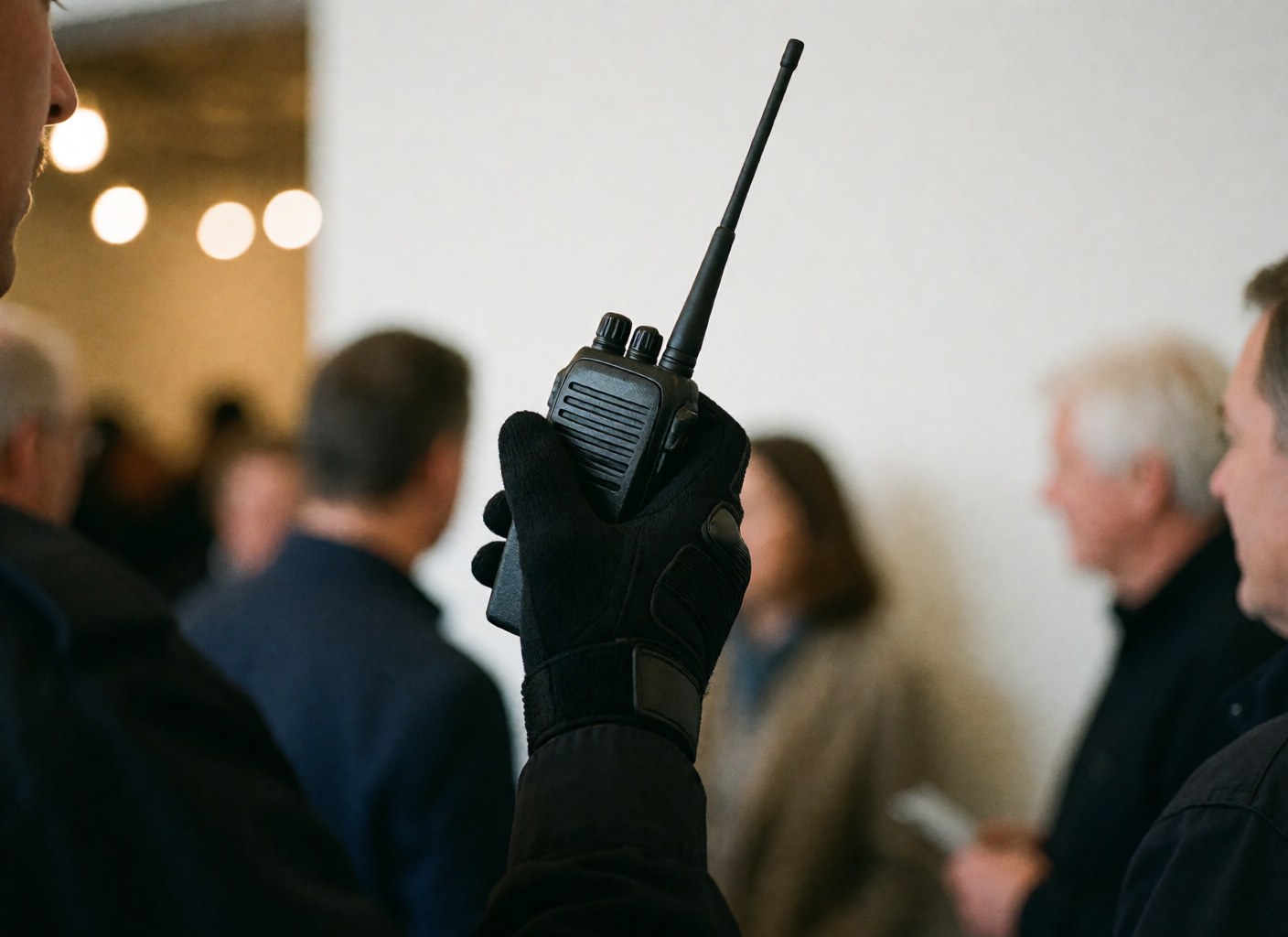Close-up of a security professional holding a two-way radio, wearing a tactical glove, with a blurred background indicating an indoor conference setting.