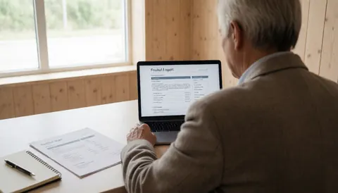 A consultant reviews a report on a laptop with a physical document on a wooden desk in a naturally lit office.