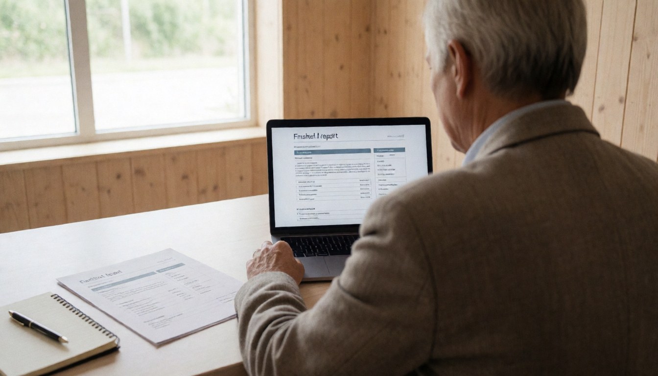 A consultant reviews a report on a laptop with a physical document on a wooden desk in a naturally lit office.