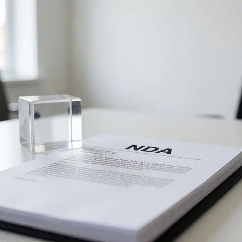 A stack of signed legal papers and an acrylic paperweight resting on a clean white desk in a bright, minimalist office setting.