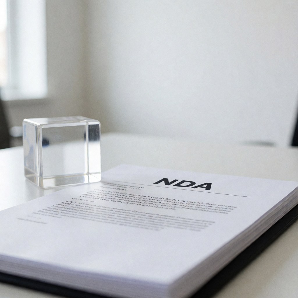A stack of signed legal papers and an acrylic paperweight resting on a clean white desk in a bright, minimalist office setting.