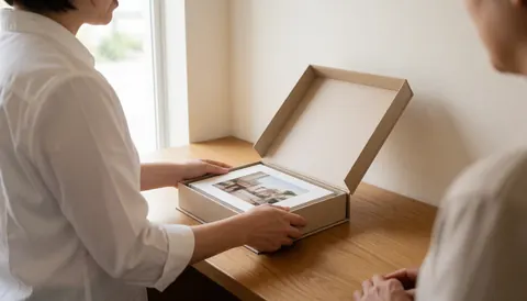 A photographer hands a wrapped gift box to a client in a bright studio setting with natural light and wooden elements