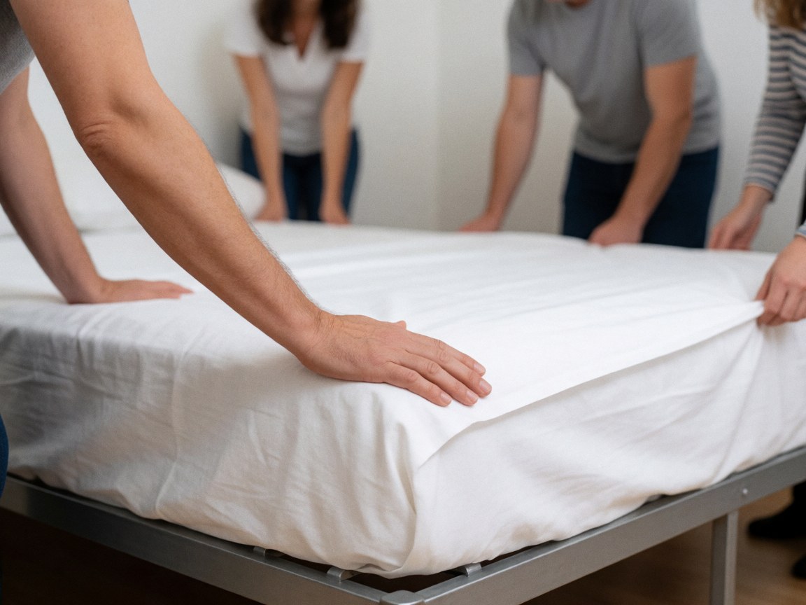 Hands arranging white sheets on a metal bed frame against a blurred background with white walls, conveying care and cleanliness