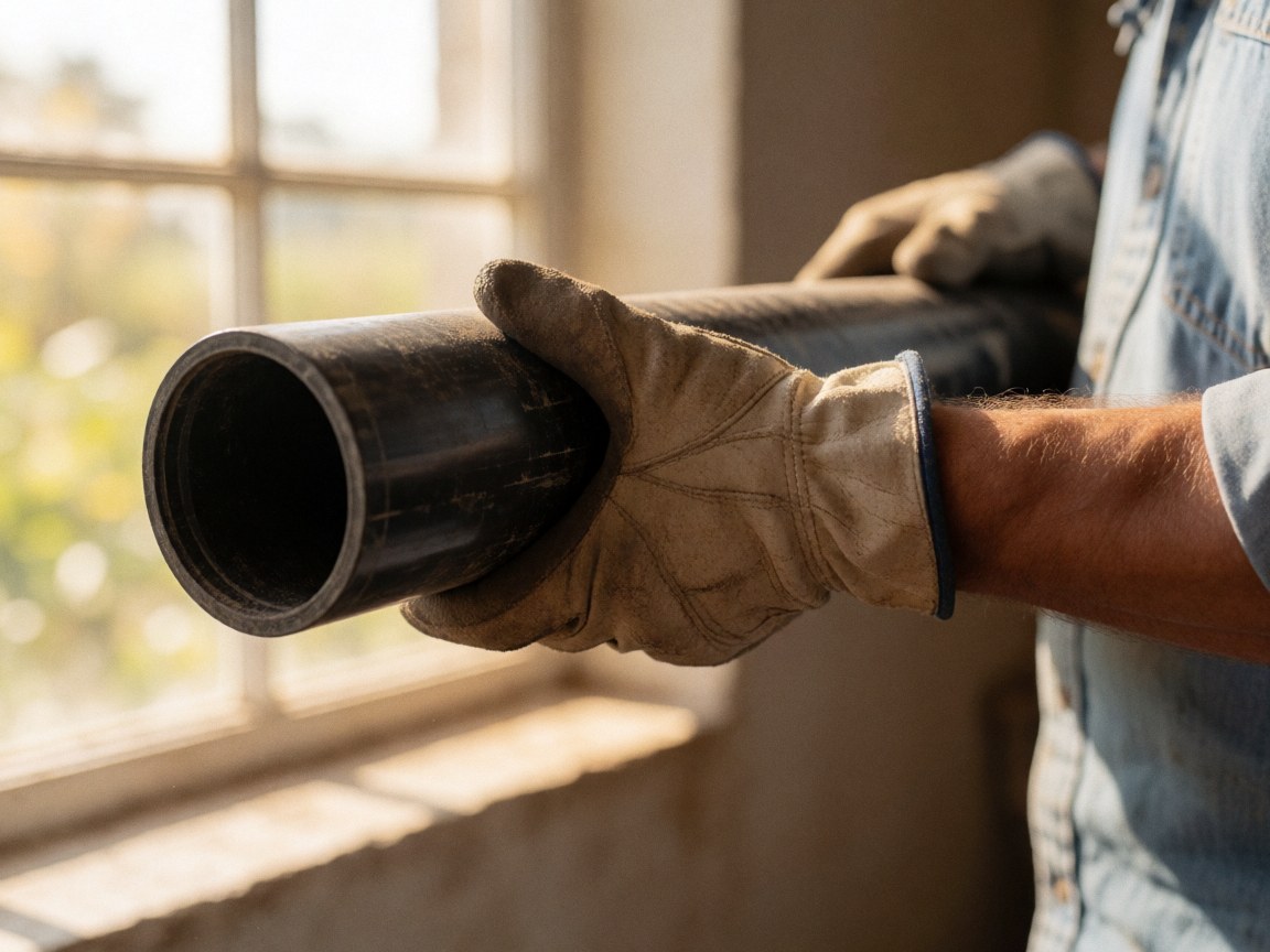 A close-up view of a black plastic irrigation pipe held by a gloved hand, highlighting the texture and details of the durable tubing used in intensive farming operations.