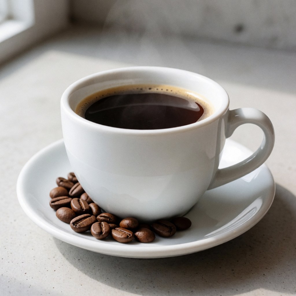 Black coffee in a white cup with beans on the saucer, rising steam, and soft natural light on a concrete table.