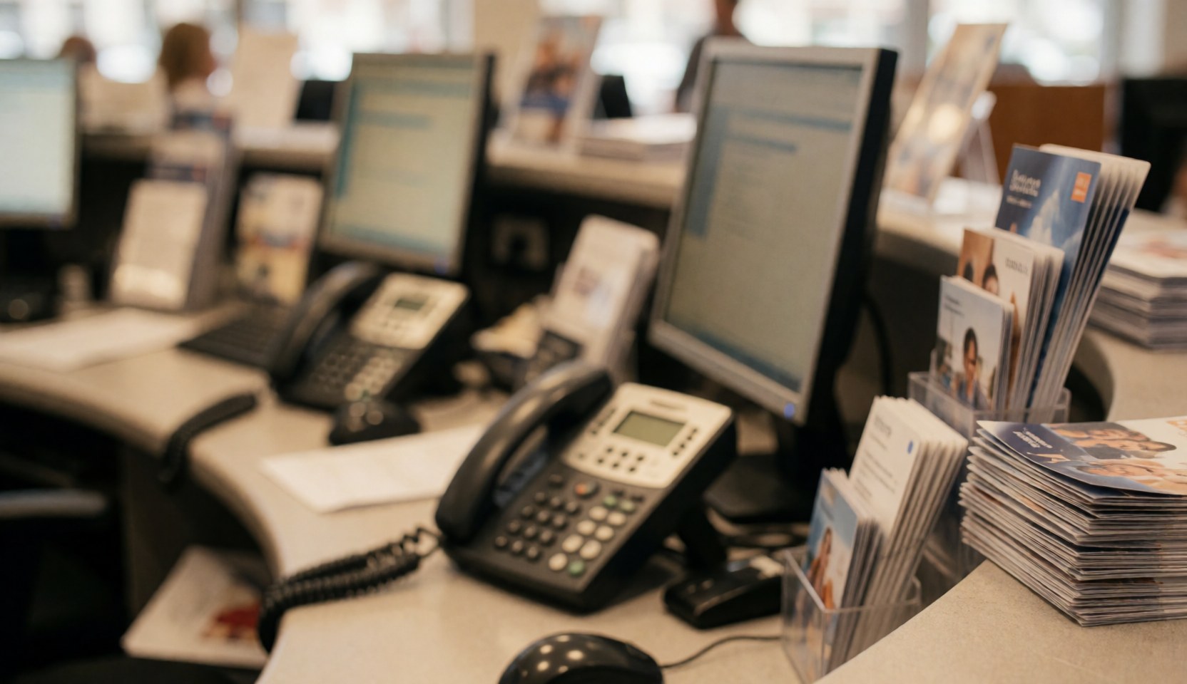 Travel agency workspace featuring computer monitors, telephones, and brochures on a blurred background suitable for text overlay
