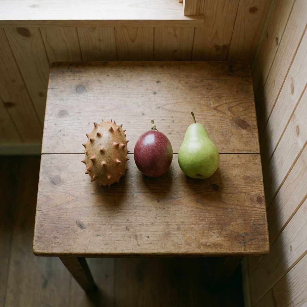 Assortment of fresh local fiber-rich fruits including kiwano and passion fruit arranged on a wooden surface near a window for healthy nutrition