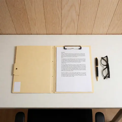 Organized legal files and a pen arranged neatly on a light wooden office desk surface