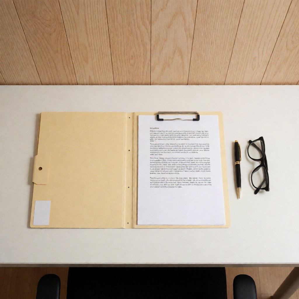 Organized legal files and a pen arranged neatly on a light wooden office desk surface