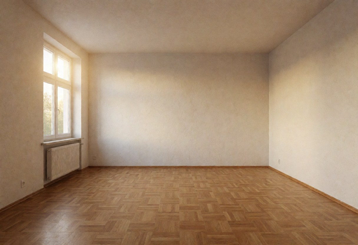 Spacious empty living room featuring clean parquet floors and smooth walls illuminated by soft natural daylight, ideal for moving or renovation projects.