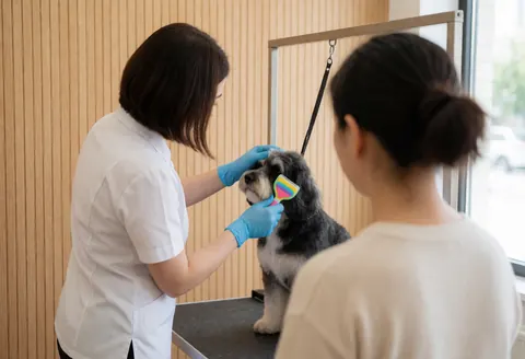 A groomer uses a colorful brush to clean a dog's teeth at a grooming salon table with light wood walls and natural light.