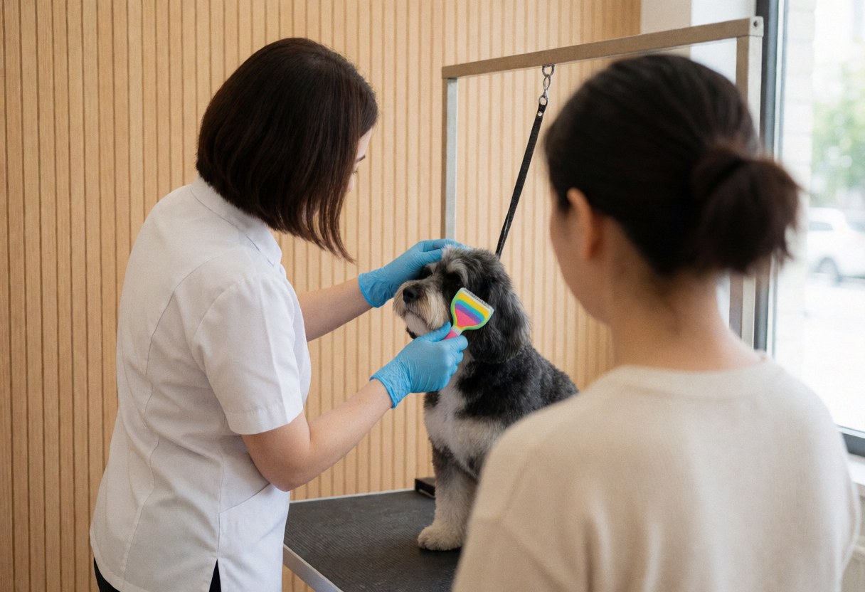 A groomer uses a colorful brush to clean a dog's teeth at a grooming salon table with light wood walls and natural light.