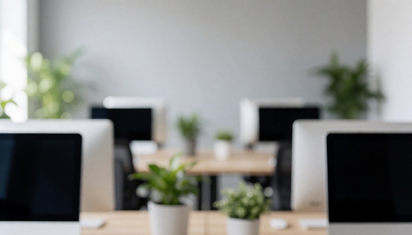 Modern marketing agency workspace featuring desks, computers, and green plants with a blurred background suitable for professional text overlays
