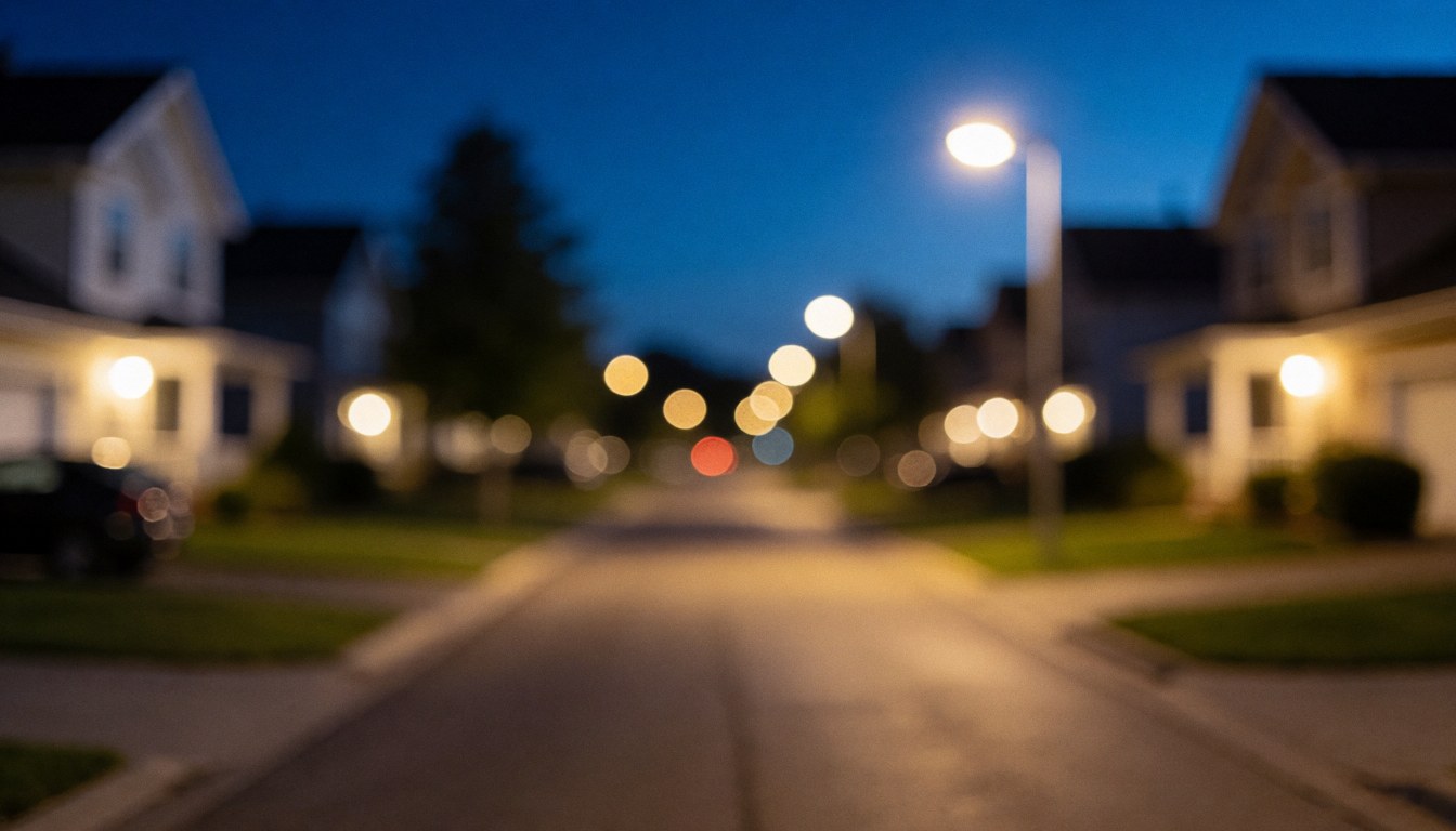 A quiet residential street at night featuring soft bokeh lights from streetlamps and house windows against a dark blue sky, serving as a secure background for text.