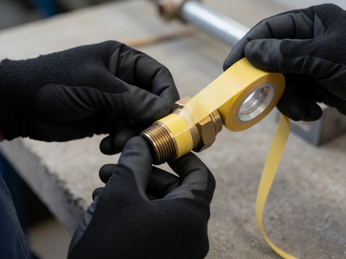 Detailed view of gloved hands applying yellow sealing tape to a copper plumbing pipe for professional installation