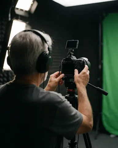 Professional video production setup featuring a camera on a tripod, studio lighting, and a green screen background for digital marketing content.