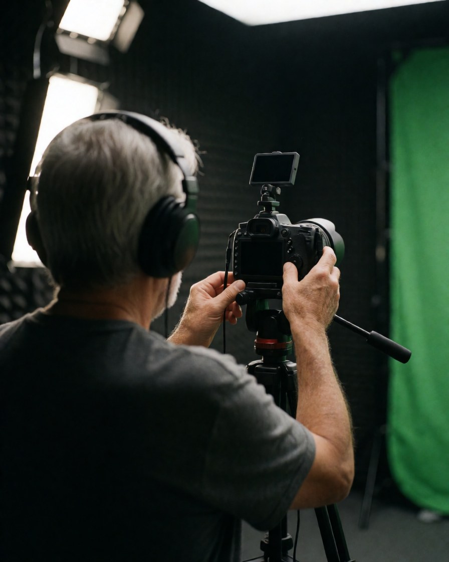 Professional video production setup featuring a camera on a tripod, studio lighting, and a green screen background for digital marketing content.