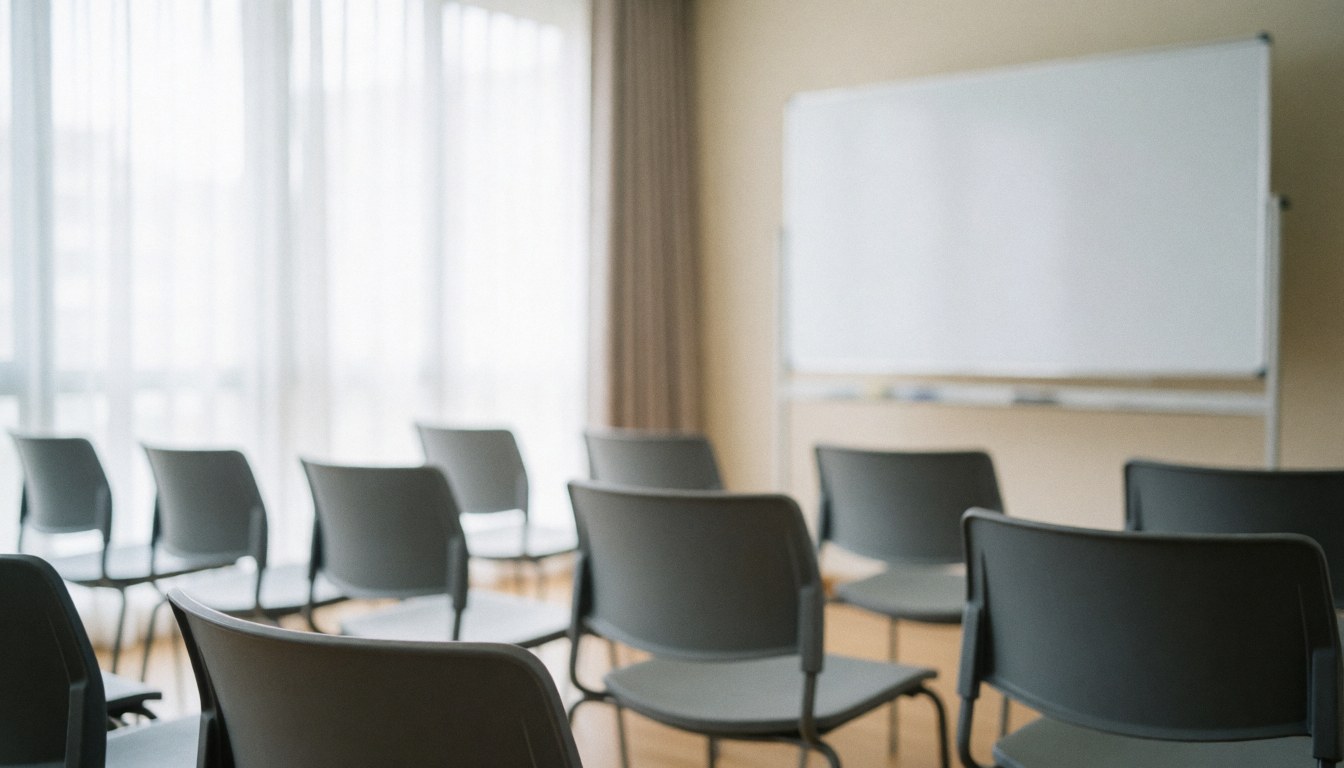 Empty language school classroom featuring gray chairs and a whiteboard, illuminated by natural light from a window with a blurred background suitable for corporate text overlays.