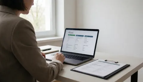 Professional consultant reviewing a business plan on a laptop with a folder on the desk and natural light from the window