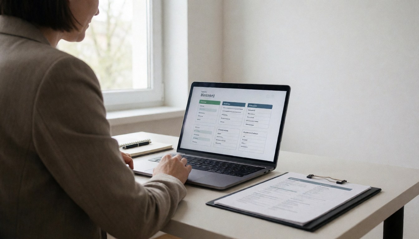 Professional consultant reviewing a business plan on a laptop with a folder on the desk and natural light from the window