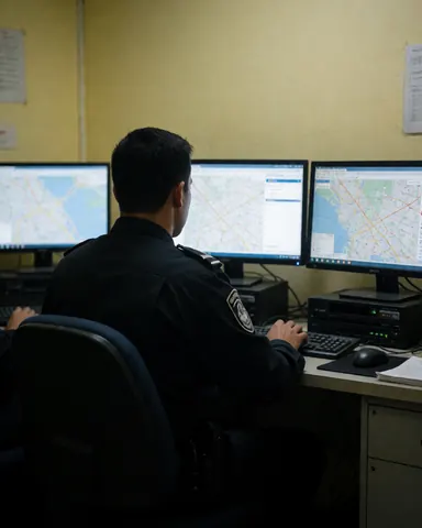 Back view of a security professional sitting at a desk with three monitors displaying detailed maps, working in a yellow-walled control room.