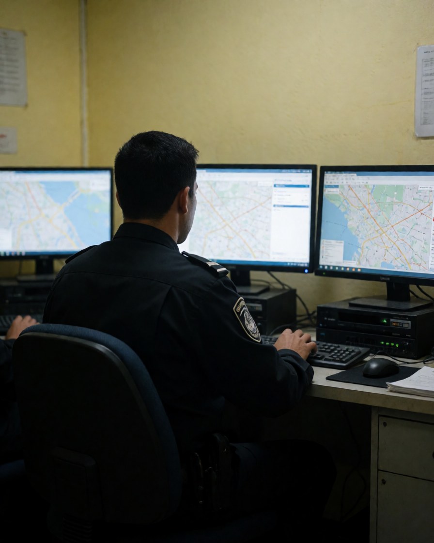 Back view of a security professional sitting at a desk with three monitors displaying detailed maps, working in a yellow-walled control room.