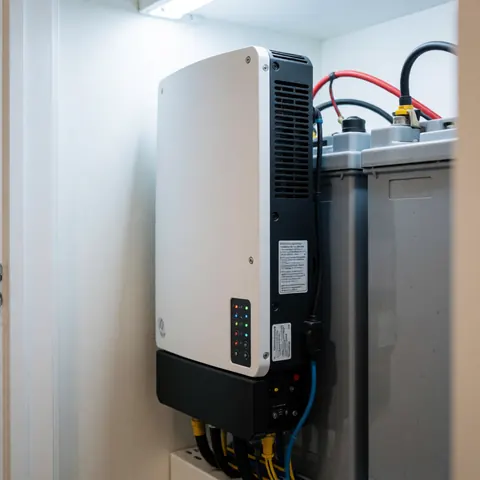 White solar inverter with LED indicators next to gray batteries in a closet, artificial lighting, reliable home energy system.