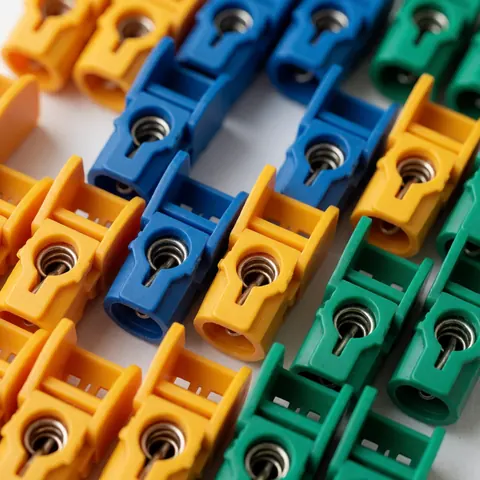 Yellow, blue, and green electrical connectors arranged on a clean surface with natural lighting and a blurred background.