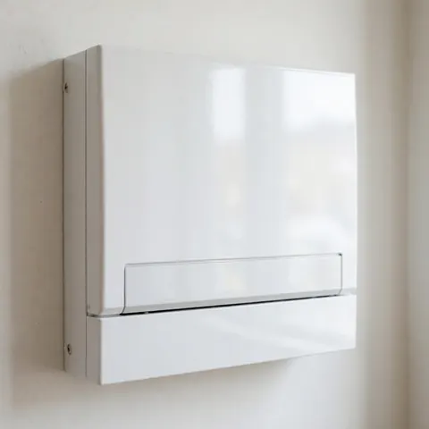 Clean white electrical panel mounted on a white wall, suitable for professional residential or commercial electricians.