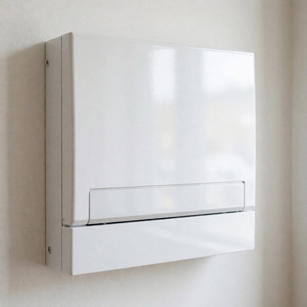 Clean white electrical panel mounted on a white wall, suitable for professional residential or commercial electricians.