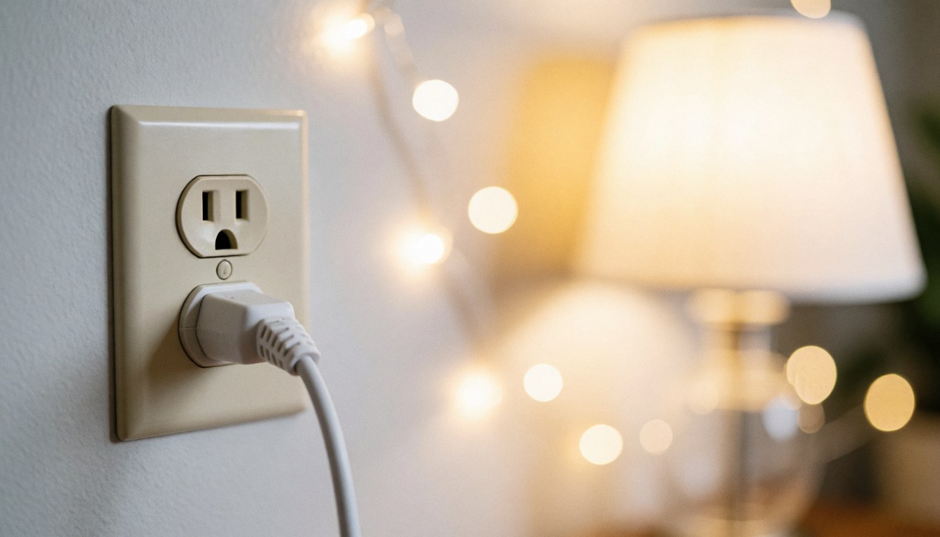 A soft focus image of a wall outlet with warm lighting, serving as a clean background for business text overlays