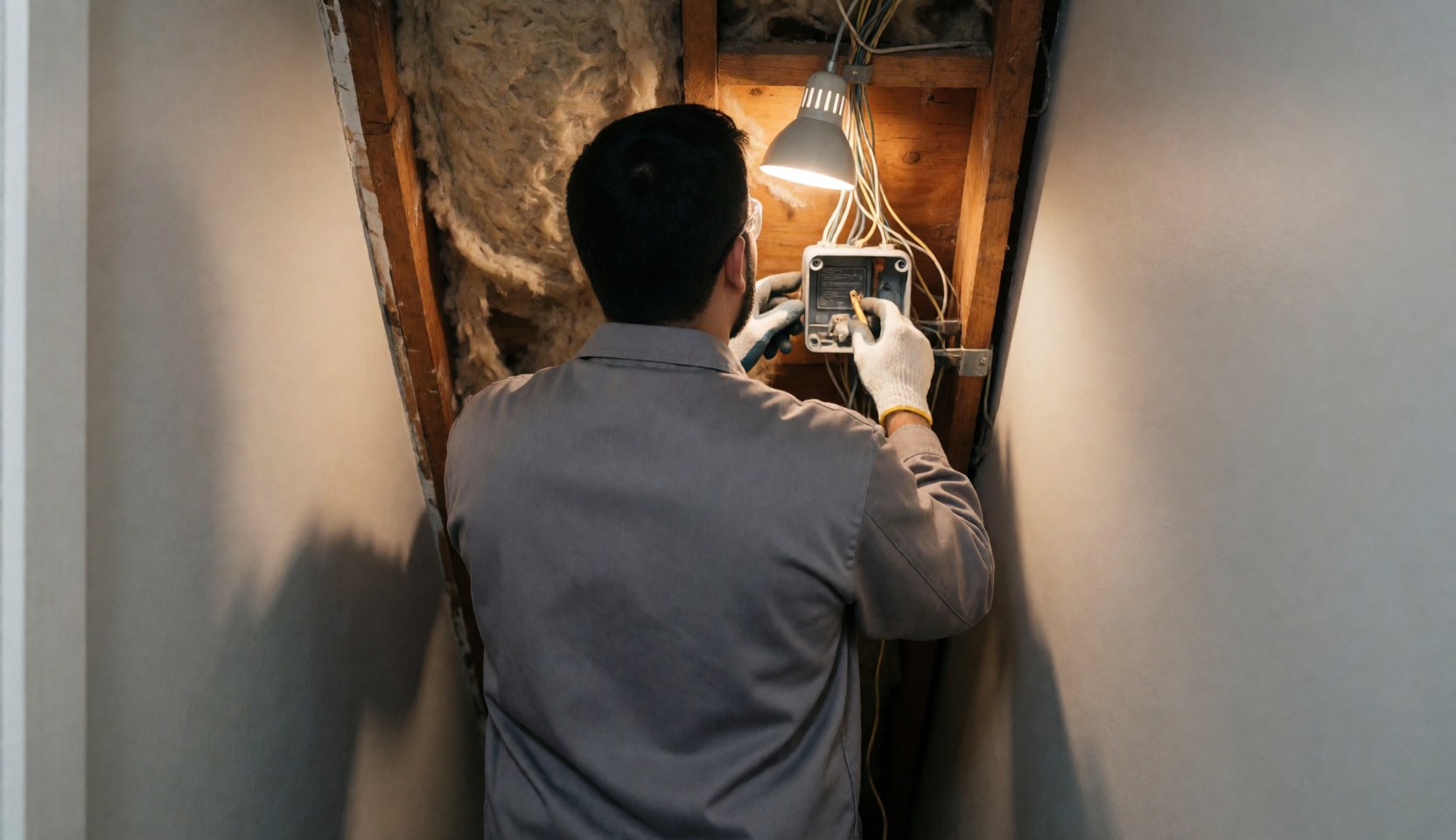 An electrician in safety gear inspects electrical connections and wiring inside a residential attic space.