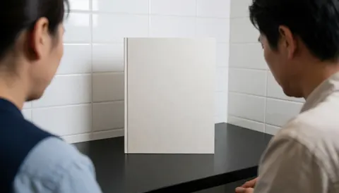 Two people review a real estate brochure on a black table with a white tiled wall in a clean professional setting