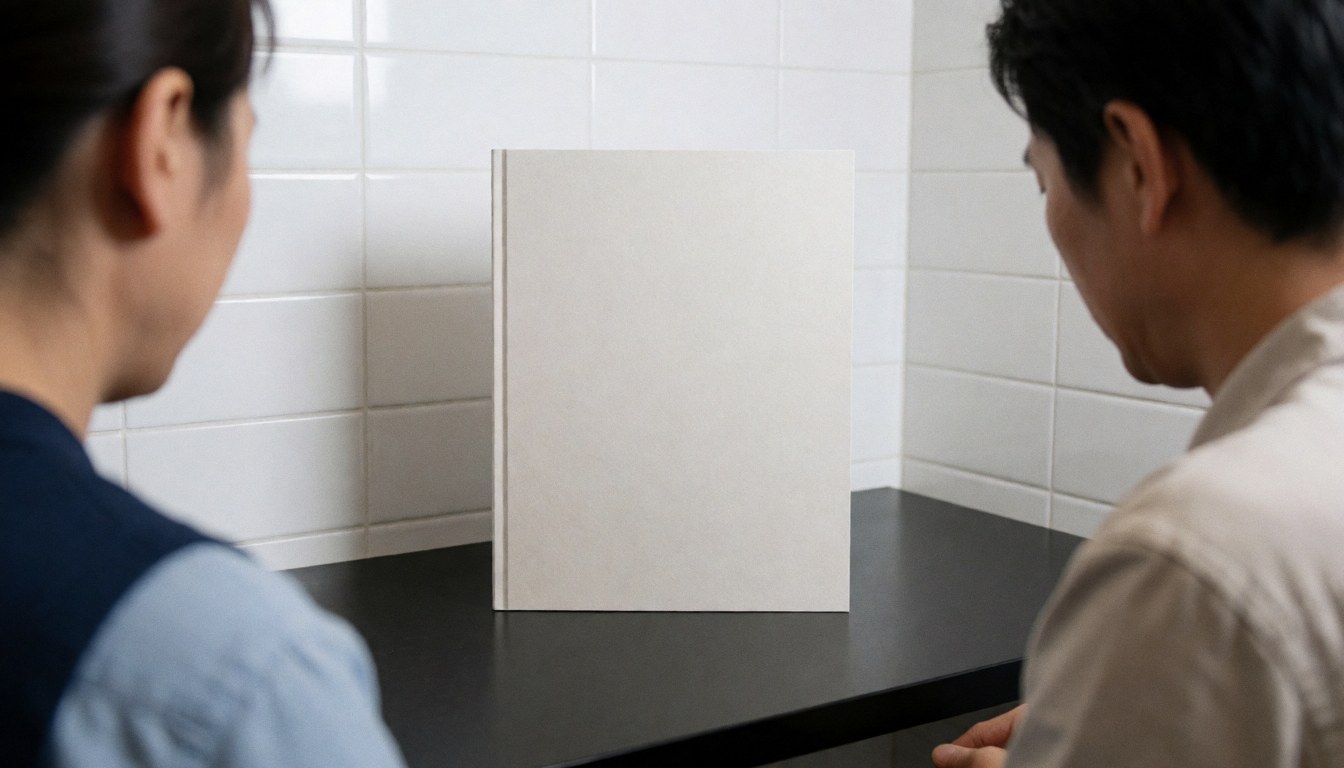 Two people review a real estate brochure on a black table with a white tiled wall in a clean professional setting