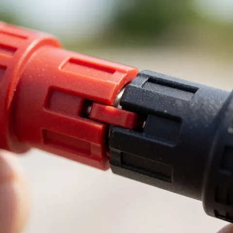 Close-up shot of black and red MC4 solar panel connectors showing the plastic housing and locking mechanism against a blurred background.