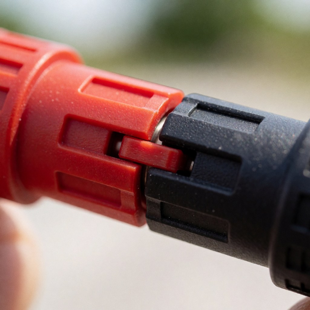 Close-up shot of black and red MC4 solar panel connectors showing the plastic housing and locking mechanism against a blurred background.