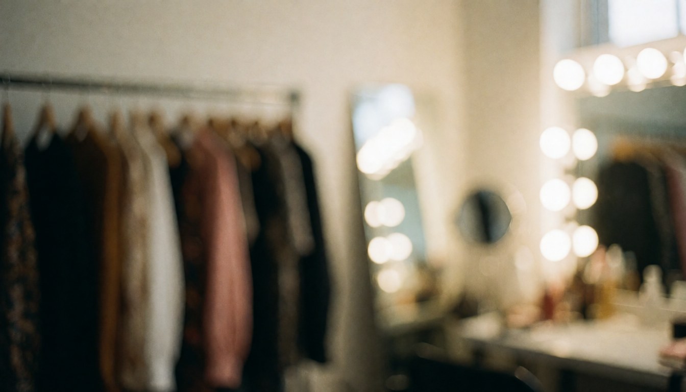 Soft blurred background of a dressing room with hanging clothes and studio lights, ideal for text overlay