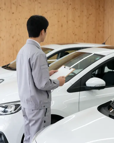 A driving school instructor in a gray uniform checks a white car while holding a clipboard against a wooden wall background.